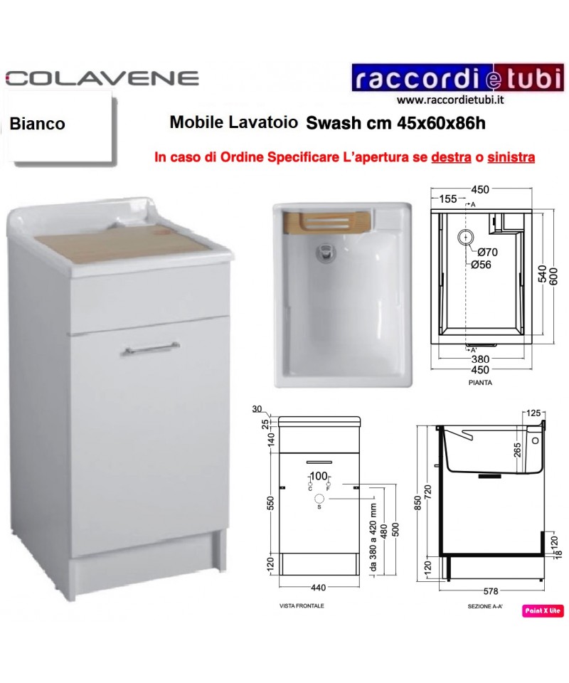 Mobile con lavatoio 60x60x86h cm doppia anta bianco Swash Colavene