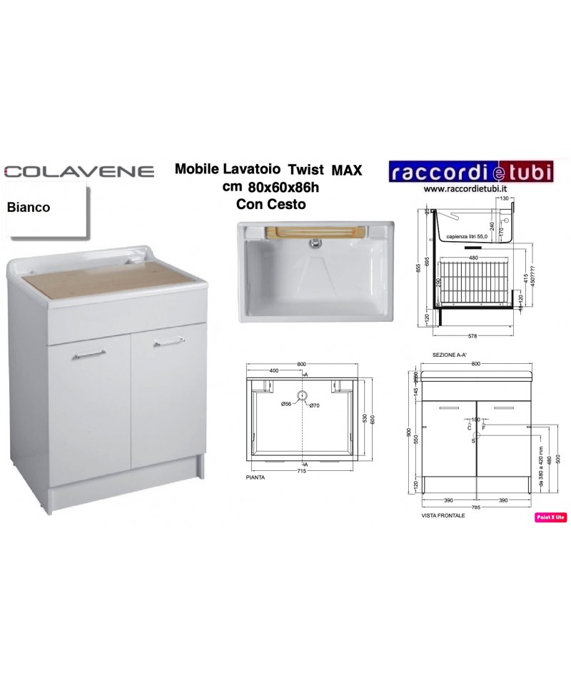 Lavatoio 80x60x86h cm con cesto portabiancheria antracite Twist