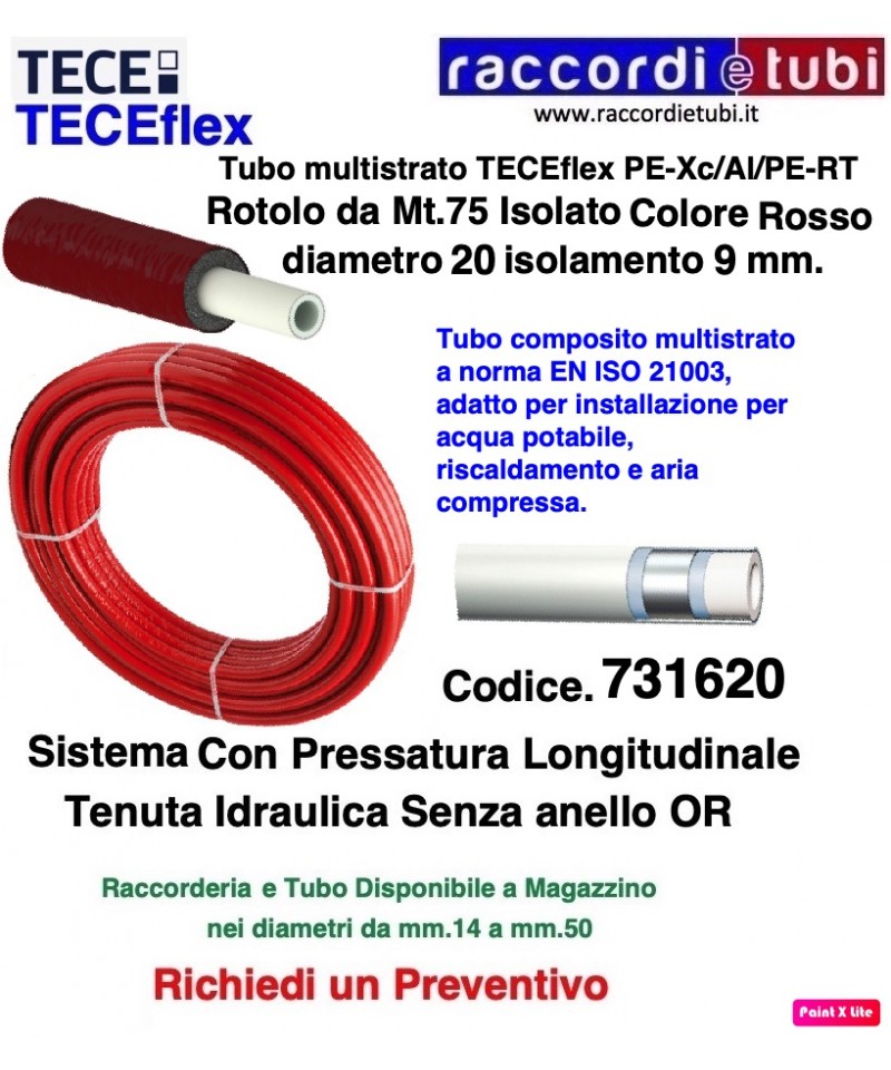 TUBO TECEflex ISOLATO ROSSO ROTOLO DA MT.75 Diametro 20 Isolante mm.9