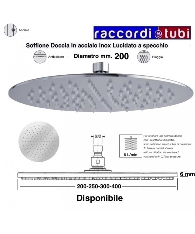 Soffione doccia anticalcare diam. 200, 250, 300, 400 mm in acciaio