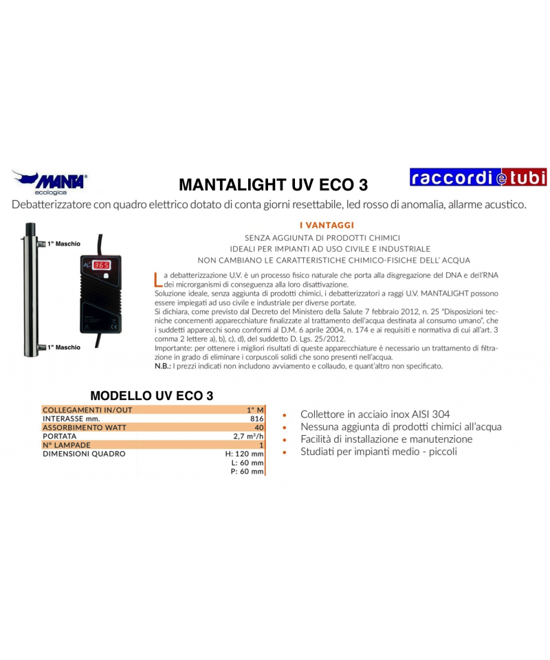 LAMPADA UV 6W DEBATTERIZZATORE - PER DEPURATORE ACQUA IMPIANTO AD