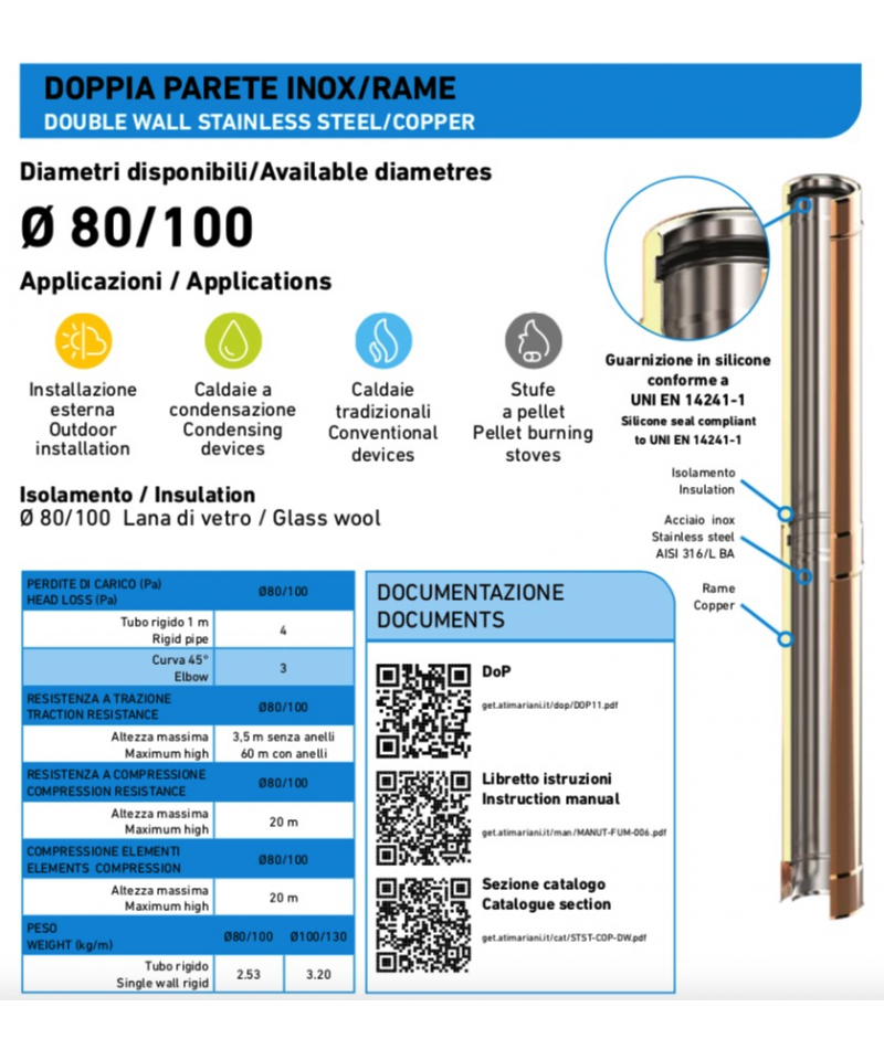 TUBO ATI COIBENTATO RAME/INOX Ø 80X100 CM.25